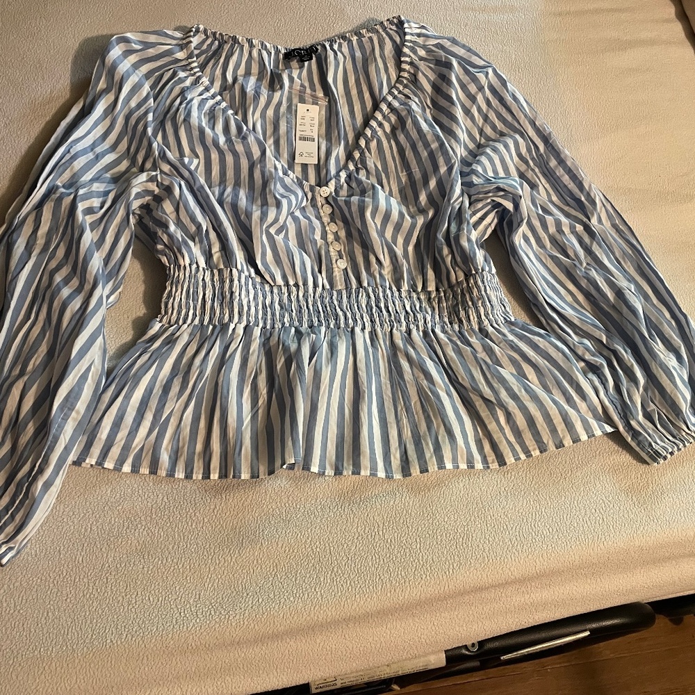 J. Crew Blue and White Striped Smocked Waist Blouse